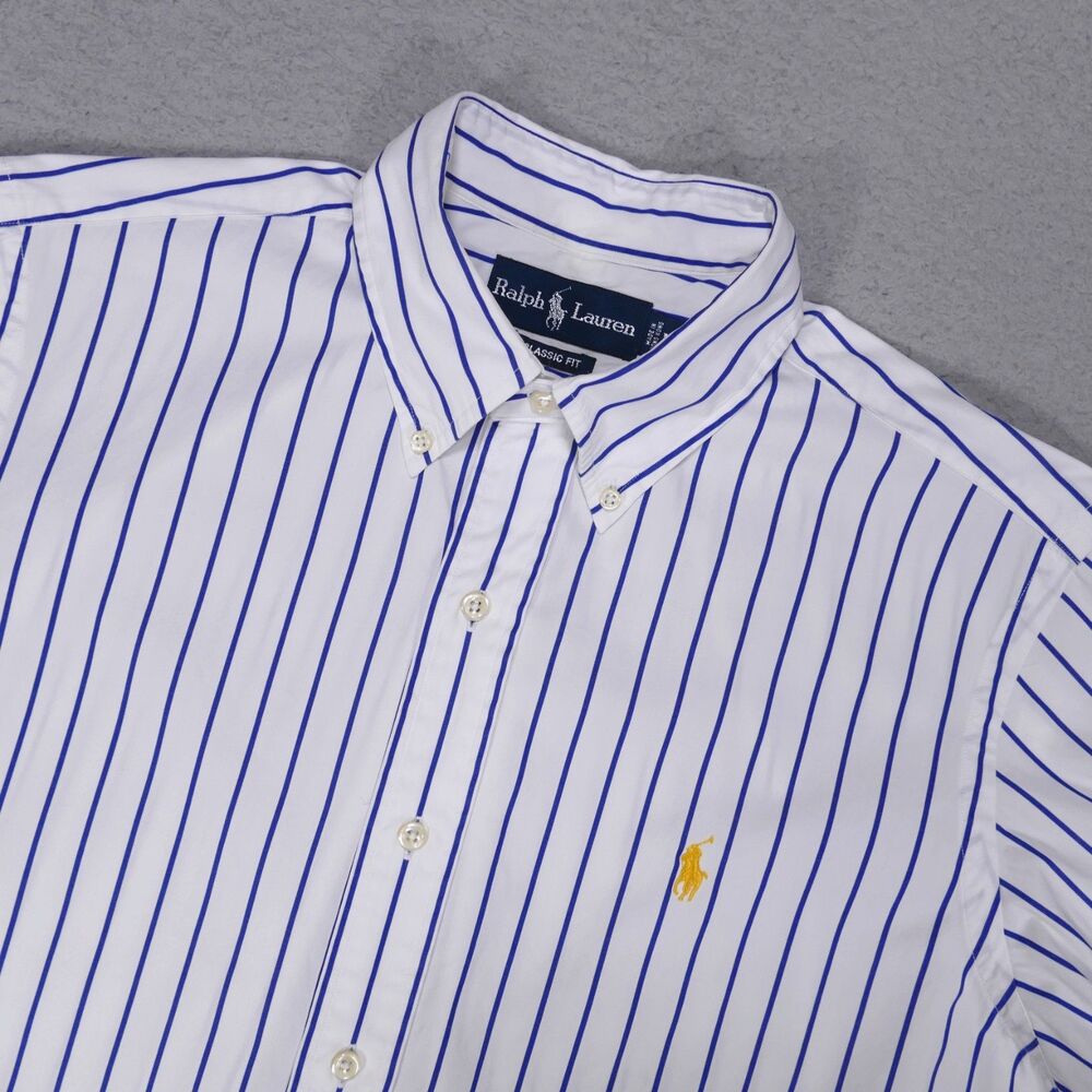 Polo Ralph Lauren Button Shirt Mens Medium Classic Blue Striped Short Sleeve